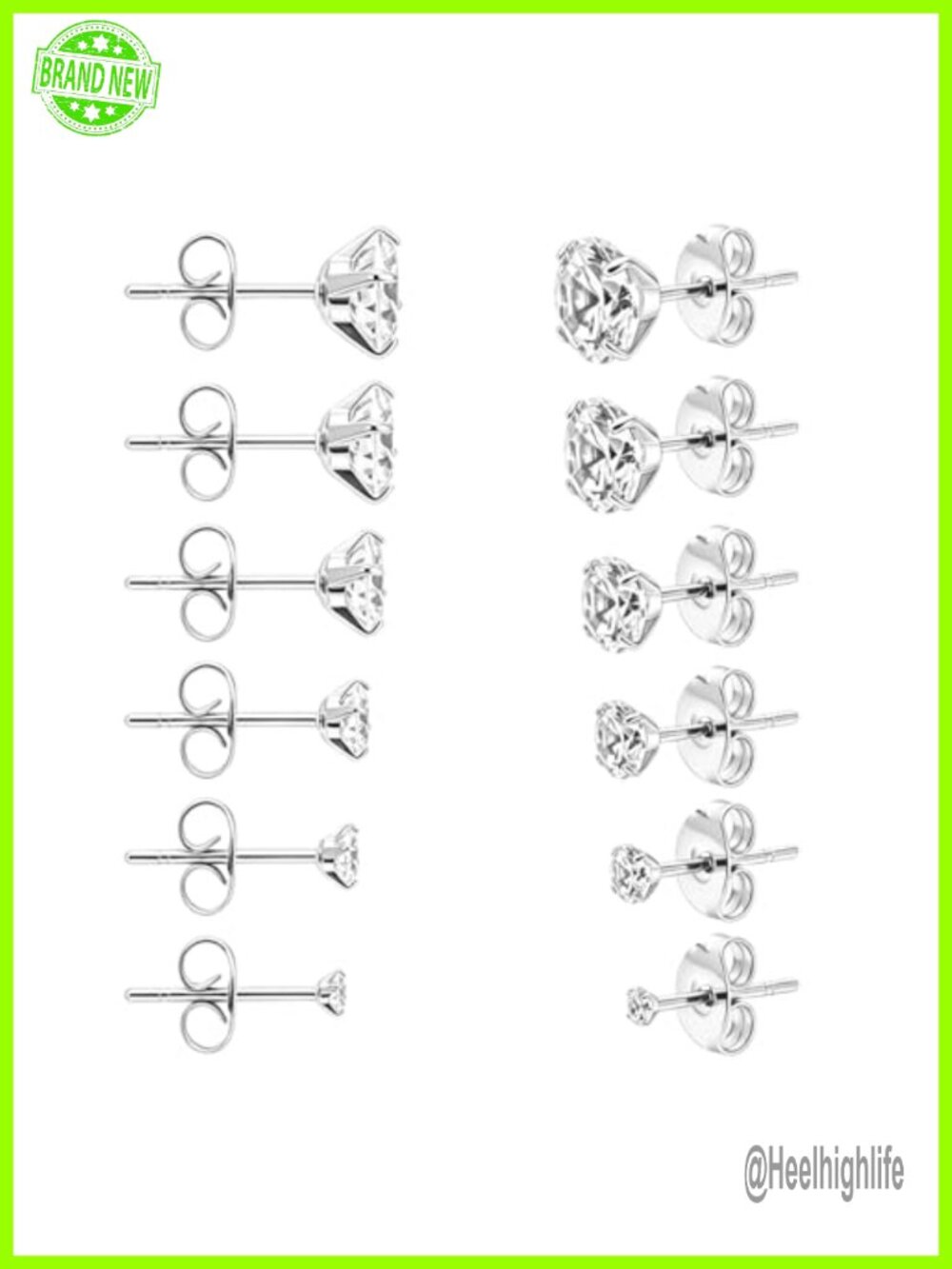 6 Pairs Surgical Steel Stud Earrings Set Cubic Zirconia 316L Hypoallergenic